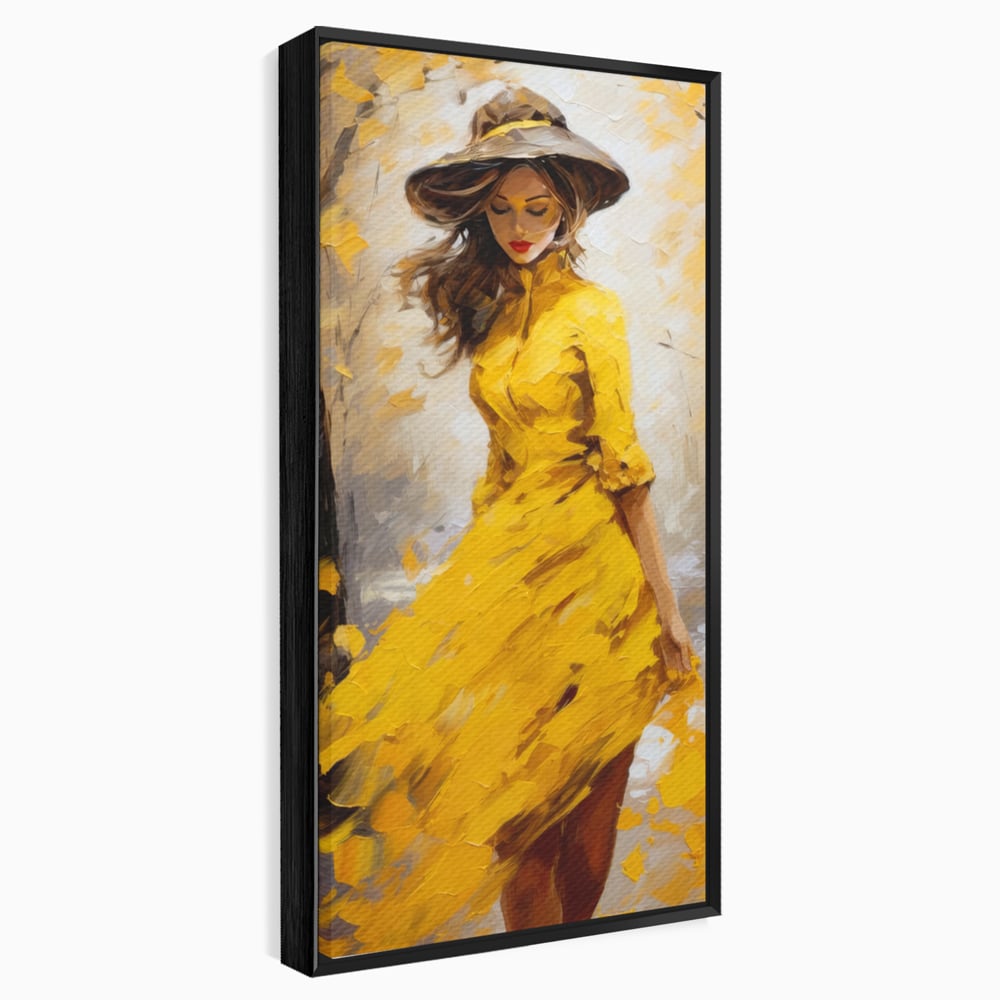 Tablou canvas cu tablou canvas cu femeie in galben, in rama de aluminiu negru